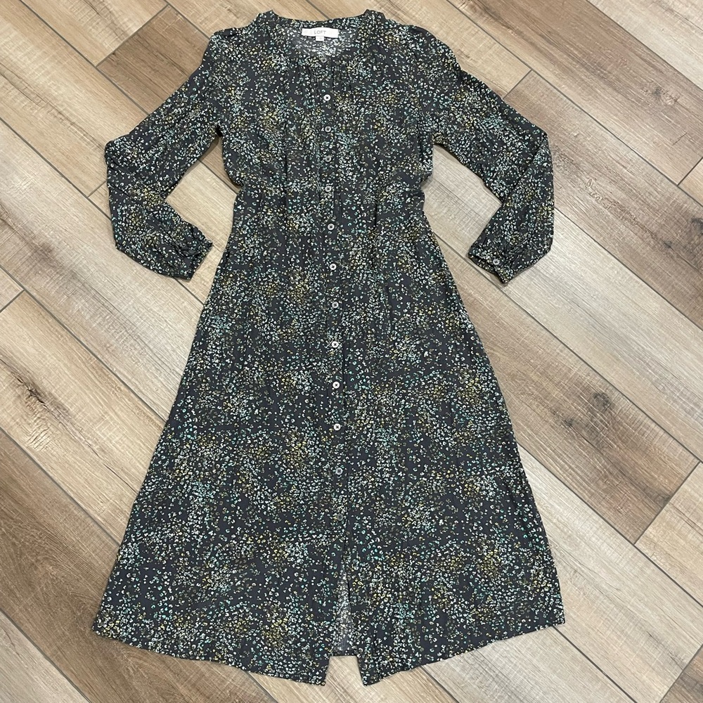 Loft Dress Green Floral Dress Loft Size 2 100% Viscose Long Sleeve Dress